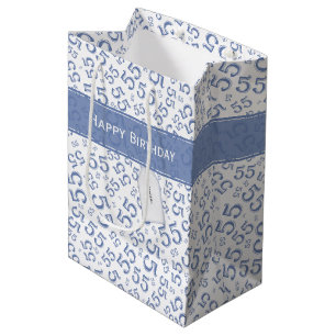 55th Birthday Party Number Pattern Blue and White Medium Gift Bag
