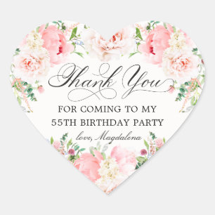 55th Birthday Party Pink Floral Thank You Favour Heart Sticker
