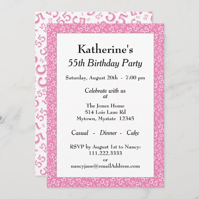 55th Birthday Party, Pink/White Number Pattern Invitation (Front/Back)