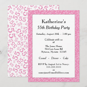 55th Birthday Party, Pink/White Number Pattern Invitation