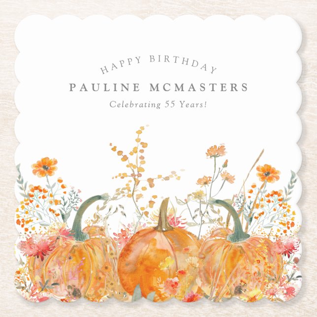 55th Birthday Party Pumpkin Wildflower Custom Paper Coaster (Front)