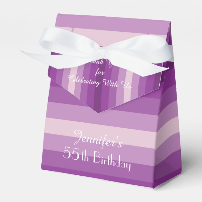 55th Birthday Party Purple Stripes Custom Name Favour Box (Front Side)