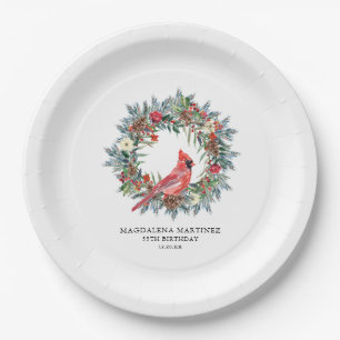 55th Birthday Party Red Cardinal Wreath Custom Paper Plate