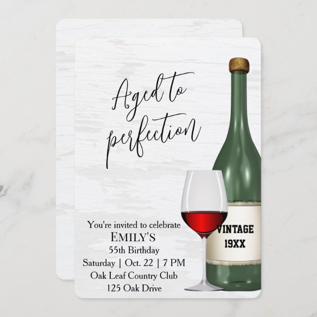 55th Birthday Party Red Wine Glass and Bottle Invitation (Front/Back)