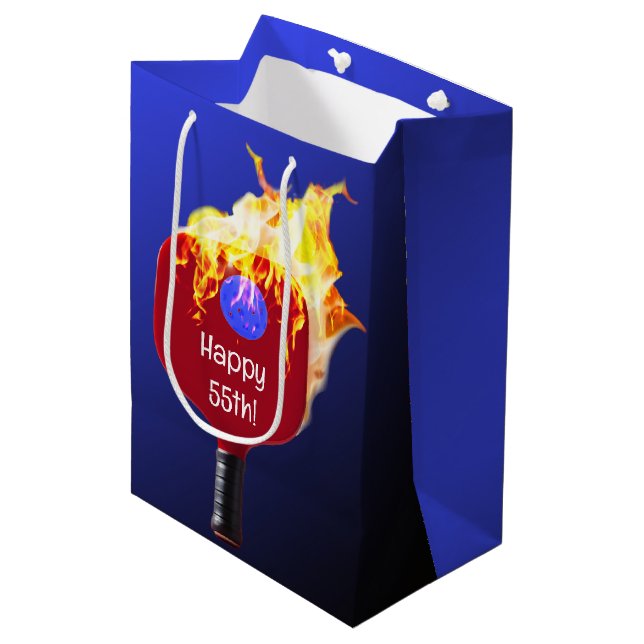 55th Birthday Pickleball Paddle On Fire Medium Gift Bag (Front Angled)