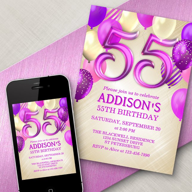 55th Birthday Pink Balloons Invitation (Creator Uploaded)