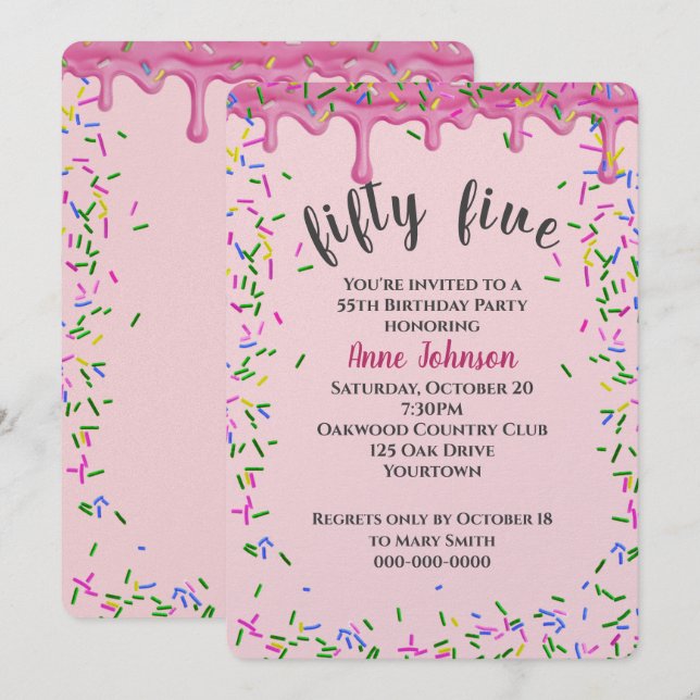 55th Birthday Pink Icing And Sprinkles Invitation (Front/Back)
