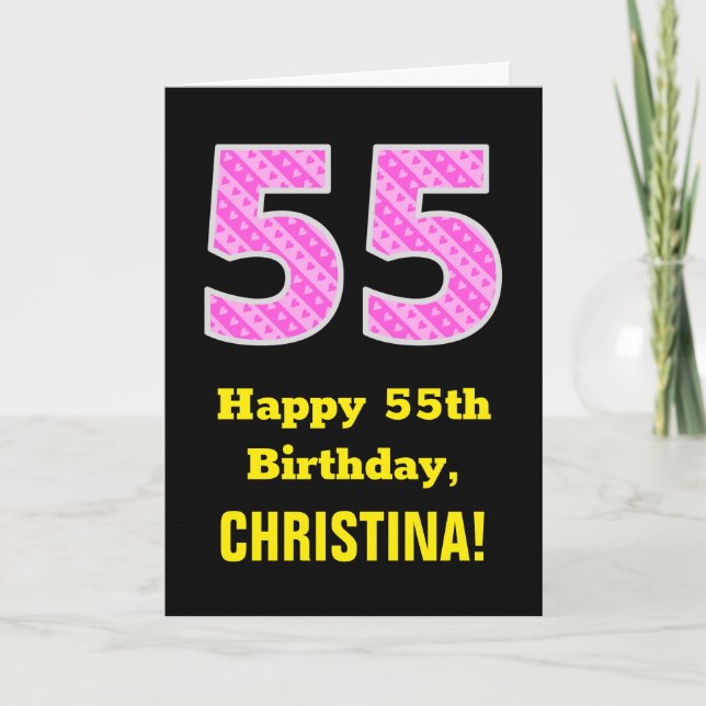 55th Birthday: Pink Stripes and Hearts "55" + Name Card (Front)