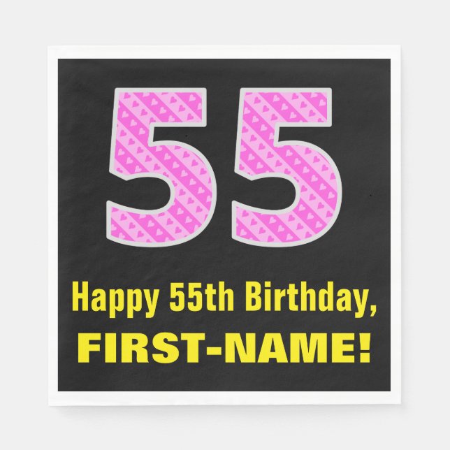 55th Birthday: Pink Stripes and Hearts "55" + Name Napkin (Front)