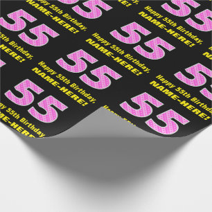 55th Birthday: Pink Stripes and Hearts "55" + Name Wrapping Paper