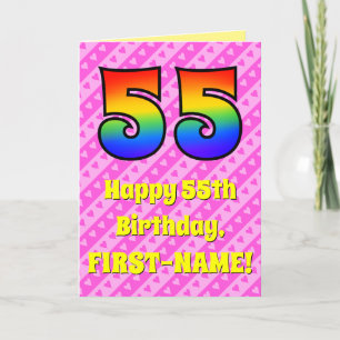 55th Birthday: Pink Stripes & Hearts, Rainbow # 55 Card