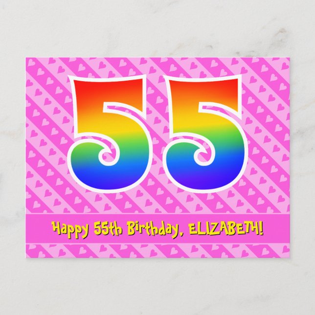 55th Birthday: Pink Stripes & Hearts, Rainbow 55 Postcard (Front)