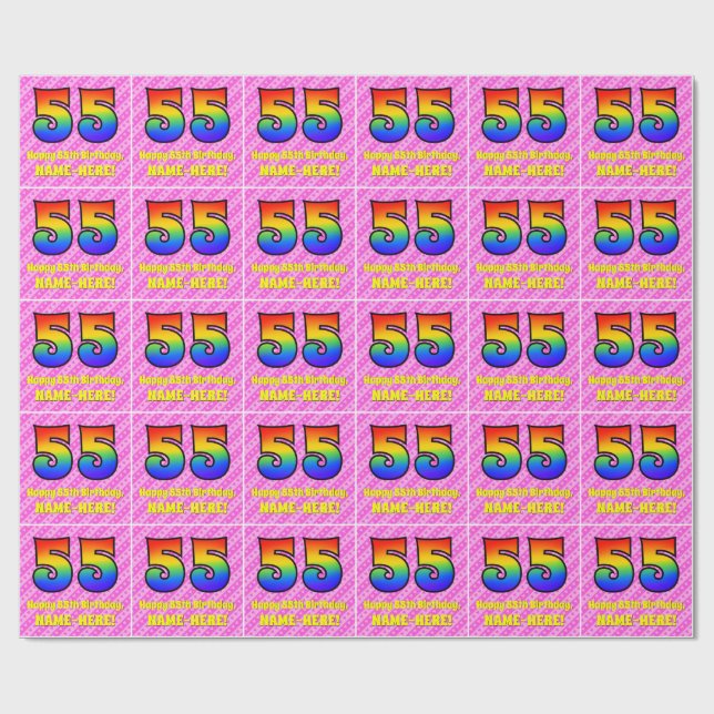 55th Birthday: Pink Stripes & Hearts, Rainbow # 55 Wrapping Paper (Flat)