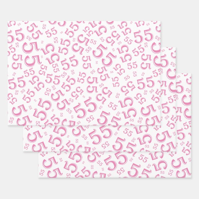 55th Birthday Pink/White Random Number Pattern 55 Wrapping Paper Sheet (Set)