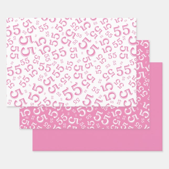 55th Birthday Pink/White Random Number Pattern 55 Wrapping Paper Sheet (Set)