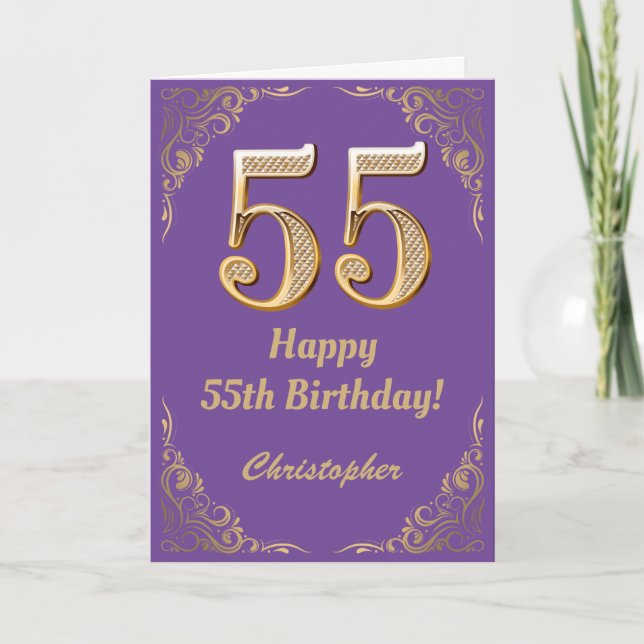 55th Birthday Purple and Gold Glitter Frame  Card (Front)
