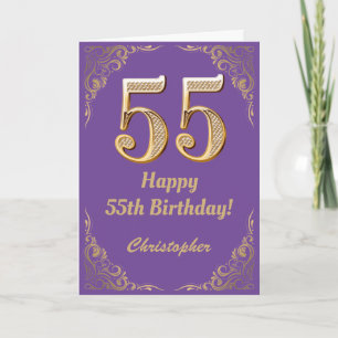 55th Birthday Purple and Gold Glitter Frame Card