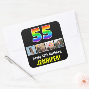 55th Birthday: Rainbow “55”; Custom Photos & Name Square Sticker