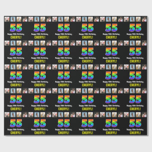 55th Birthday: Rainbow “55“; Custom Photos & Name Wrapping Paper