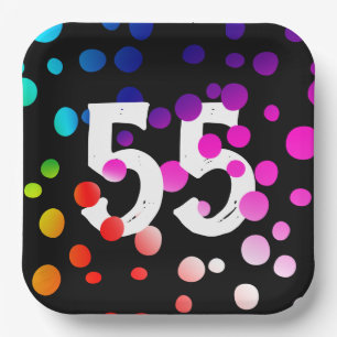 55th Birthday Rainbow Dots on Black Paper Plate