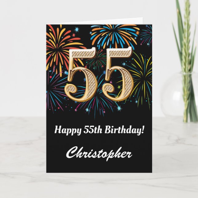 55th Birthday Rainbow Fireworks Black and Gold Card (Front)