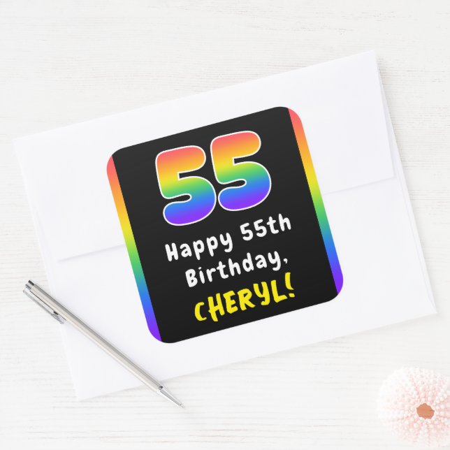 55th Birthday: Rainbow Spectrum # 55, Custom Name Square Sticker (Envelope)