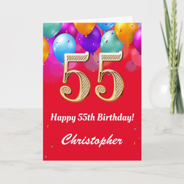 55th Birthday Red and Gold Colourful Balloons Card (Front)
