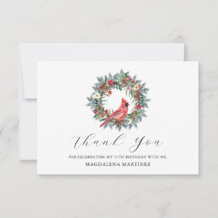 55th Birthday Red Cardinal Wreath Custom Flat Thank You Card