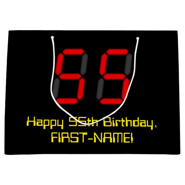 55th Birthday: Red Digital Clock Style "55" + Name Large Gift Bag (Front)