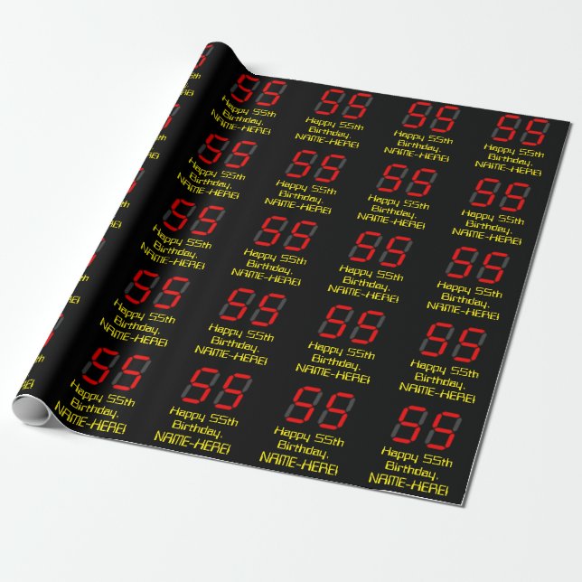 55th Birthday: Red Digital Clock Style "55" + Name Wrapping Paper (Unrolled)