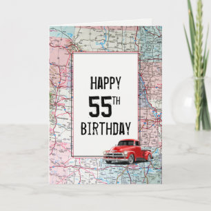 55th Birthday Red Retro Truck on Map   Card
