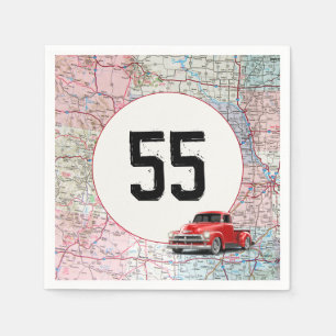 55th Birthday Red Retro Truck on Road Map  Napkin