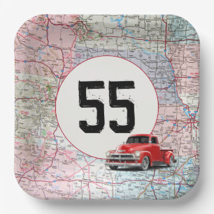 55th Birthday Red Retro Truck on Road Map Paper Plate