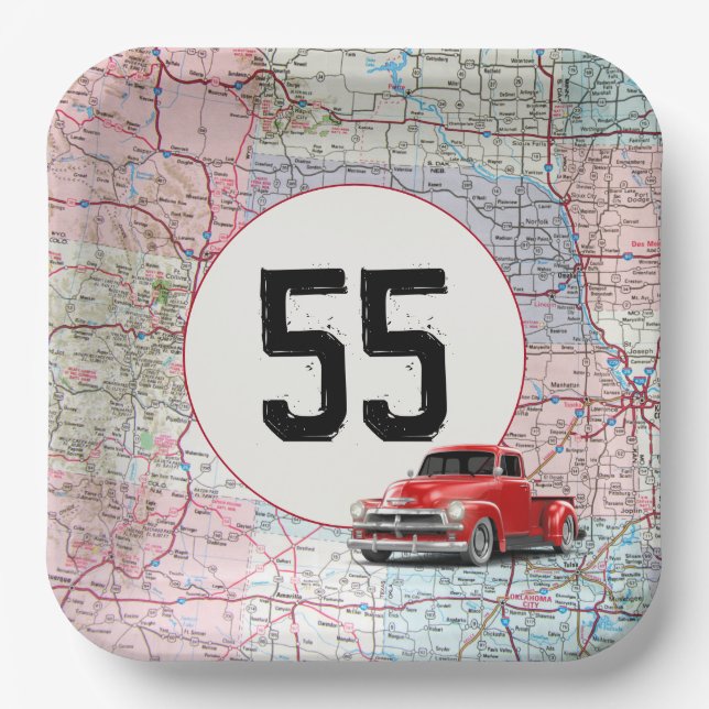 55th Birthday Red Retro Truck on Road Map Paper Plate (Front)