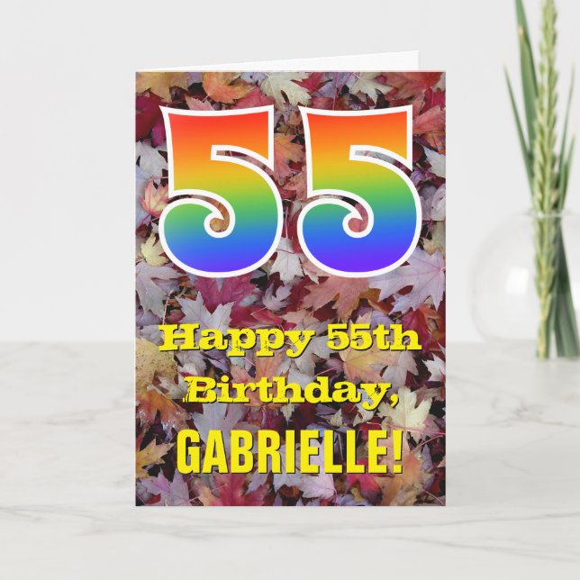 55th Birthday; Rustic Autumn Leaves; Rainbow "55" Card (Front)