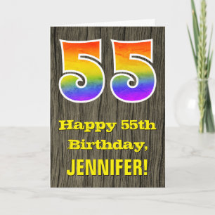 55th Birthday: Rustic Faux Wood Look, Rainbow "55" Card