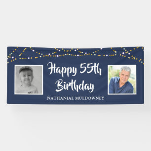 55th Birthday String Lights Photo Name Blue Banner