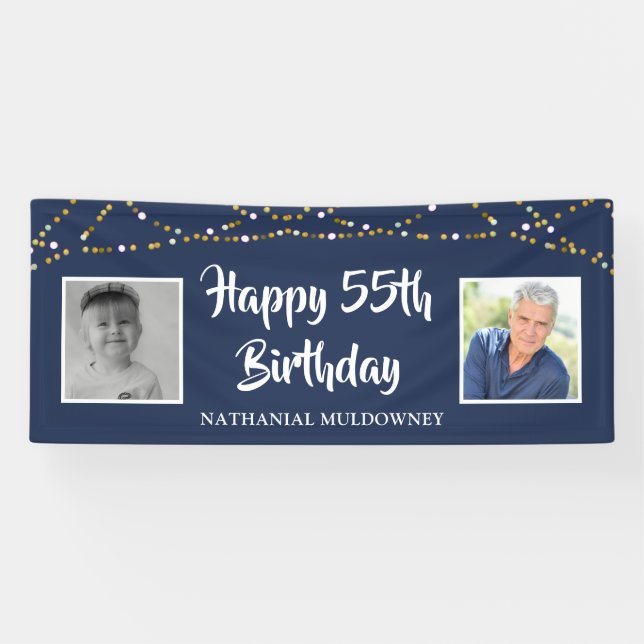 55th Birthday String Lights Photo Name Blue Banner (Horizontal)