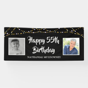 55th Birthday Then & Now Photos Lights Black Banner