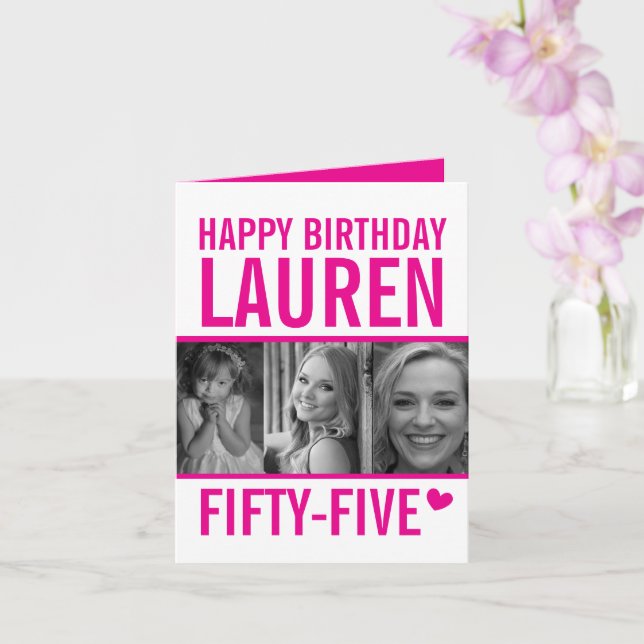 55th birthday three photos hot pink and white card (Orchid)