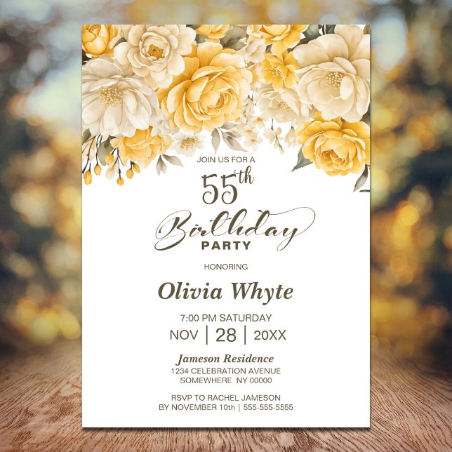55th Birthday Yellow Rose Floral Party Invitation (Creator Uploaded)
