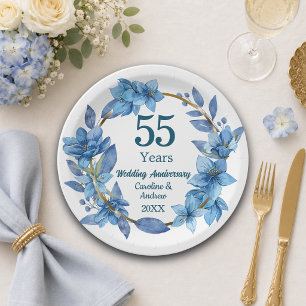 55th Blue Floral Emerald Wedding Anniversary Paper Plate