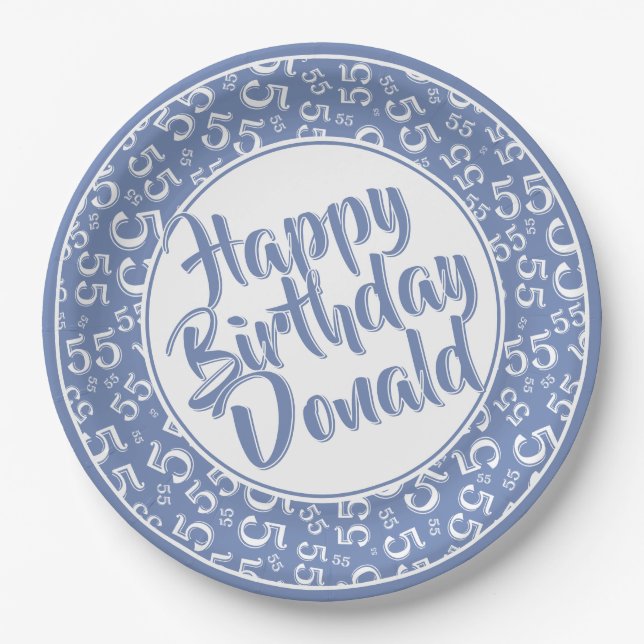 55th Blue/White Random Number Pattern Paper Plate (Front)