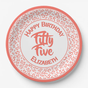 55th Cool Random Number Pattern Coral/White Paper Plate