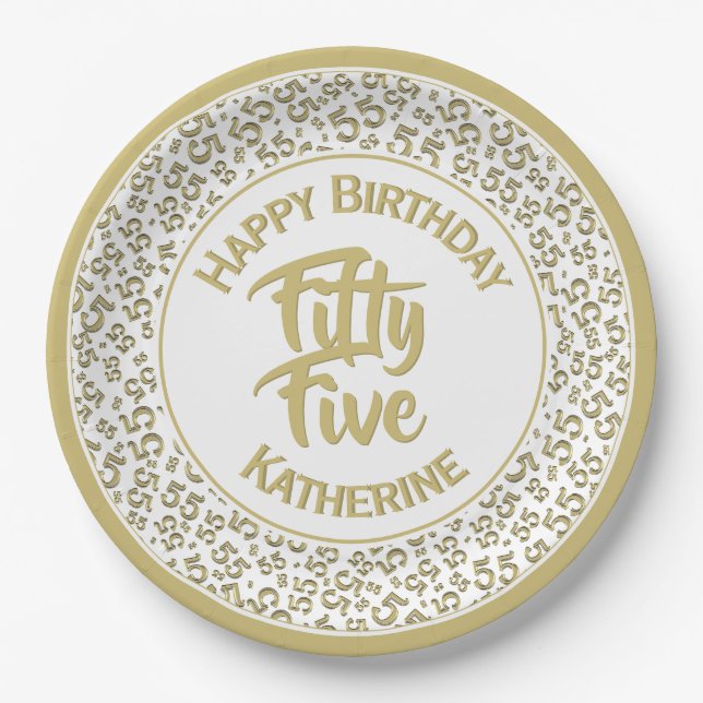 55th  Cool Random Number Pattern Gold/White Paper Plate (Front)