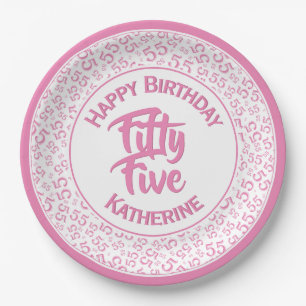 55th Cool Random Number Pattern Pink/White Paper Plate