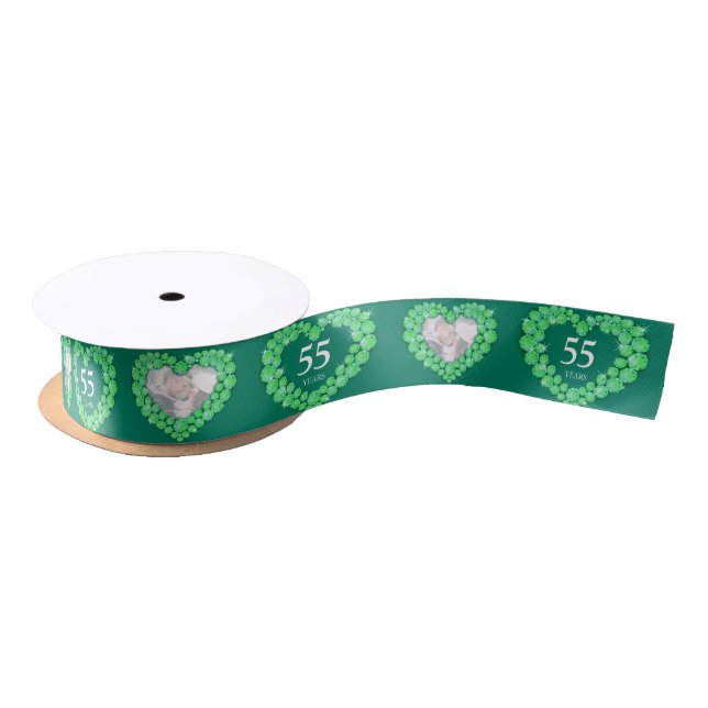 55th emerald green wedding anniversary photo heart satin ribbon (Spool)