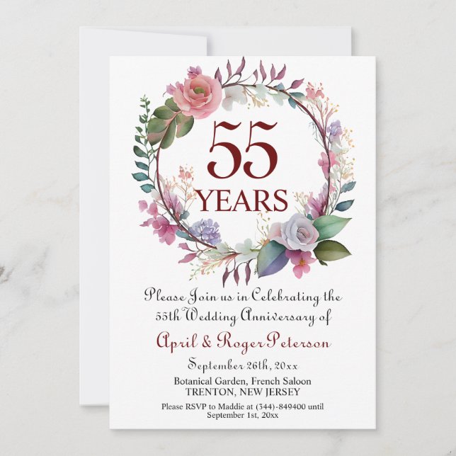 55th Emerald Wedding Anniversary Floral Invitation (Front)