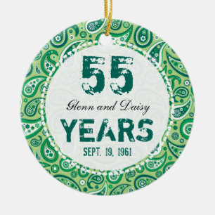 55th Emerald Wedding Anniversary Paisley Monogram Ceramic Tree Decoration