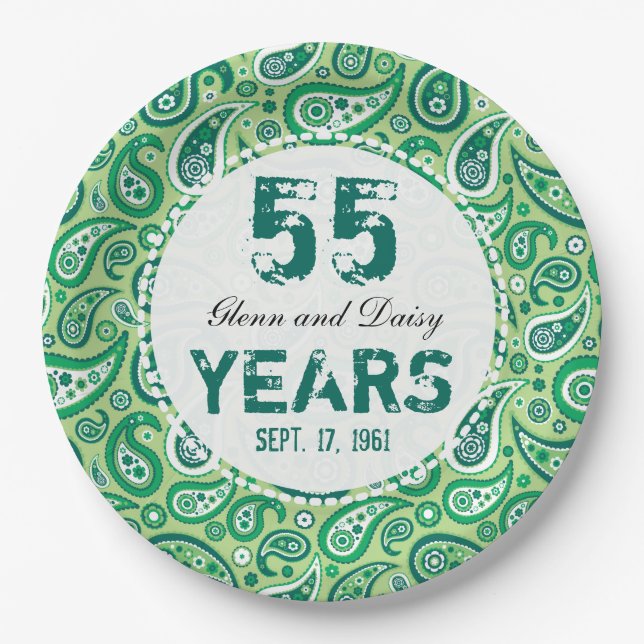 55th Emerald Wedding Anniversary Paisley Pattern Paper Plate (Front)